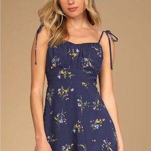 Lulus - Spring For You Navy Blue Floral Print Tie-Strap Mini Dress